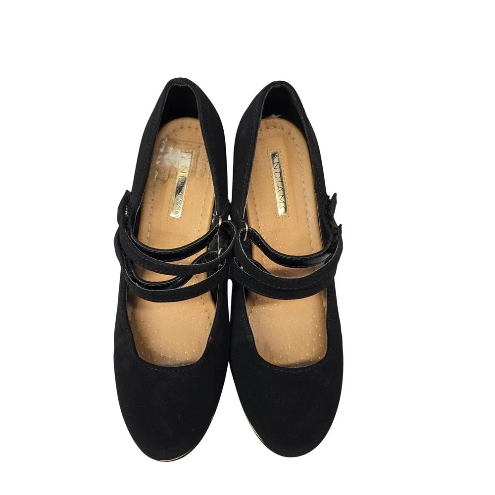 Andiamo Alydia Black Faux Suede Double Strap‎ Mary Jane Wedge Heels Womens 9.5M